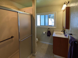 A photo of a well-lit bathroom shower and sink.