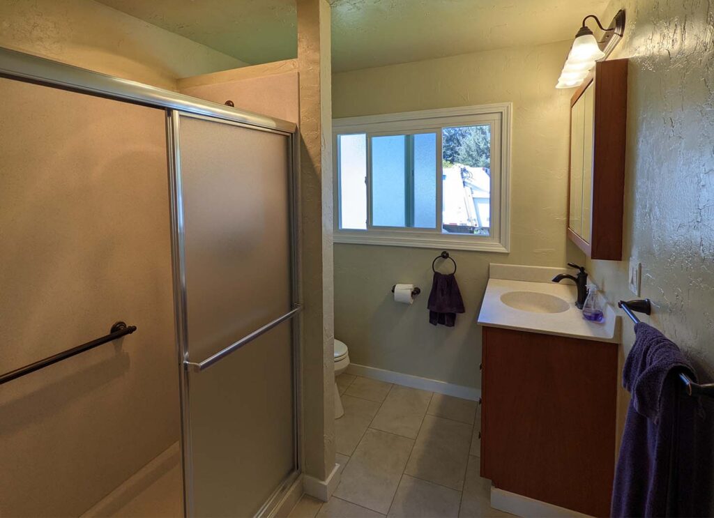 A photo of a well-lit bathroom shower and sink.