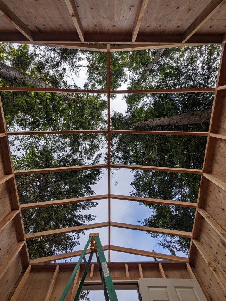 An interior view of a small cabin, looking straight up. The roof is unfinished and you can see the trees and sky above the cabin.